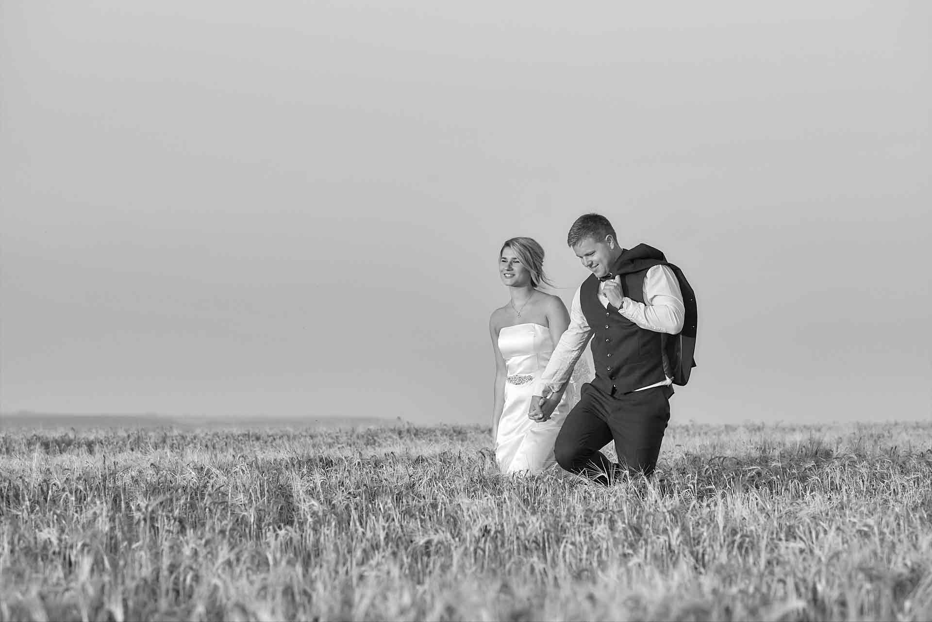 Wedding couple walk hand in hand in knee length grass against the backdrop of a big clear sky.